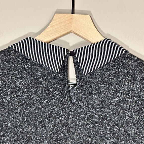 Women's L Monteau Sweater Peter Pan Collar Top Charcoal Striped Soft Stretch - Picture 4 of 8